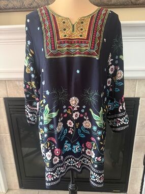 Navy Boho Floral Embroidered Tunic Top XL